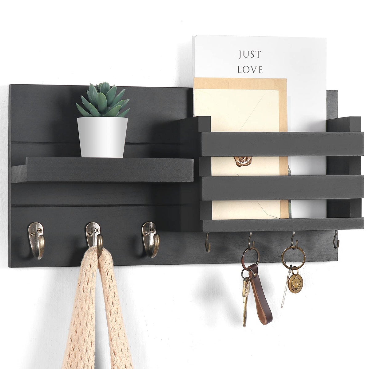 Wall Key and Mail Holder with Shelf, Black Rustic Wood, 3 Hooks