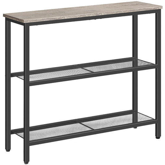 Thin 3 Tier Console Table, 29.5 Inch, Greige Top with Mesh Shelves