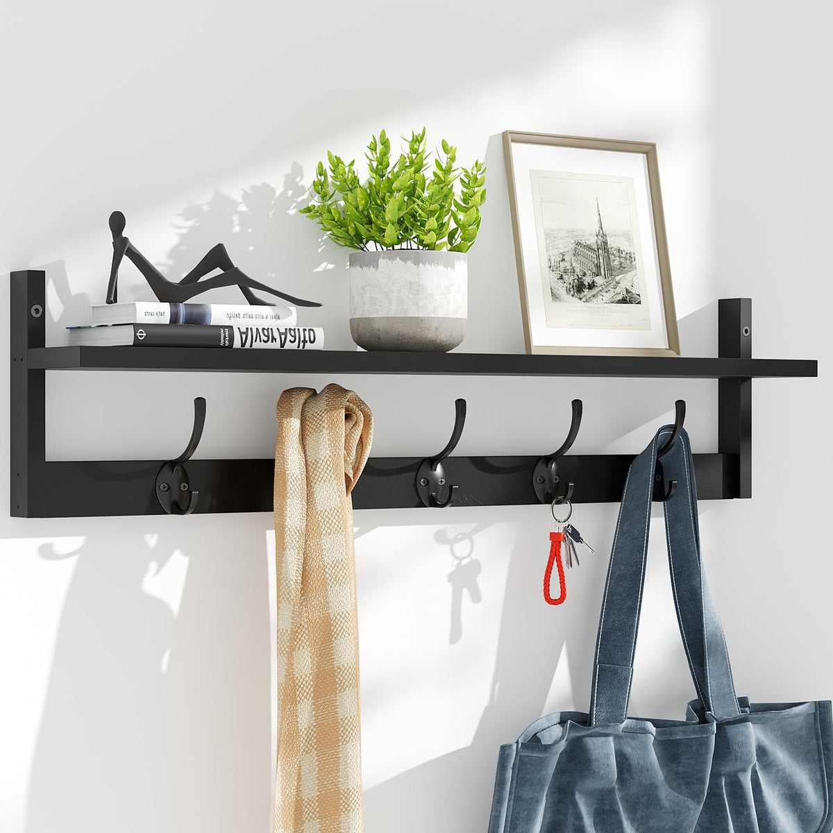 Wall Shelf with 5 Dual Hooks, 28.9 Inch Entryway Coat Rack, Black