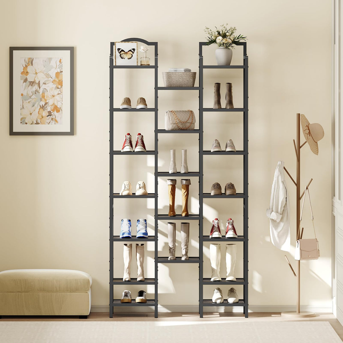 12 Tier Tall Shoe Rack, Vertical Wood Tower, Charcoal Gray and Black