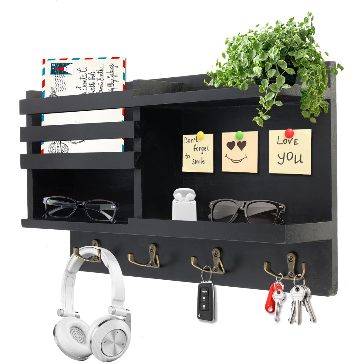 Wall Key and Mail Organizer with 8 Hooks, 15.7 Inch Matte Black Wood