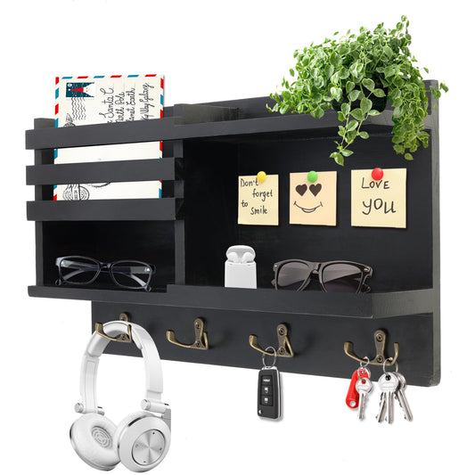 Wall Key and Mail Organizer with 8 Hooks, 15.7 Inch Matte Black Wood
