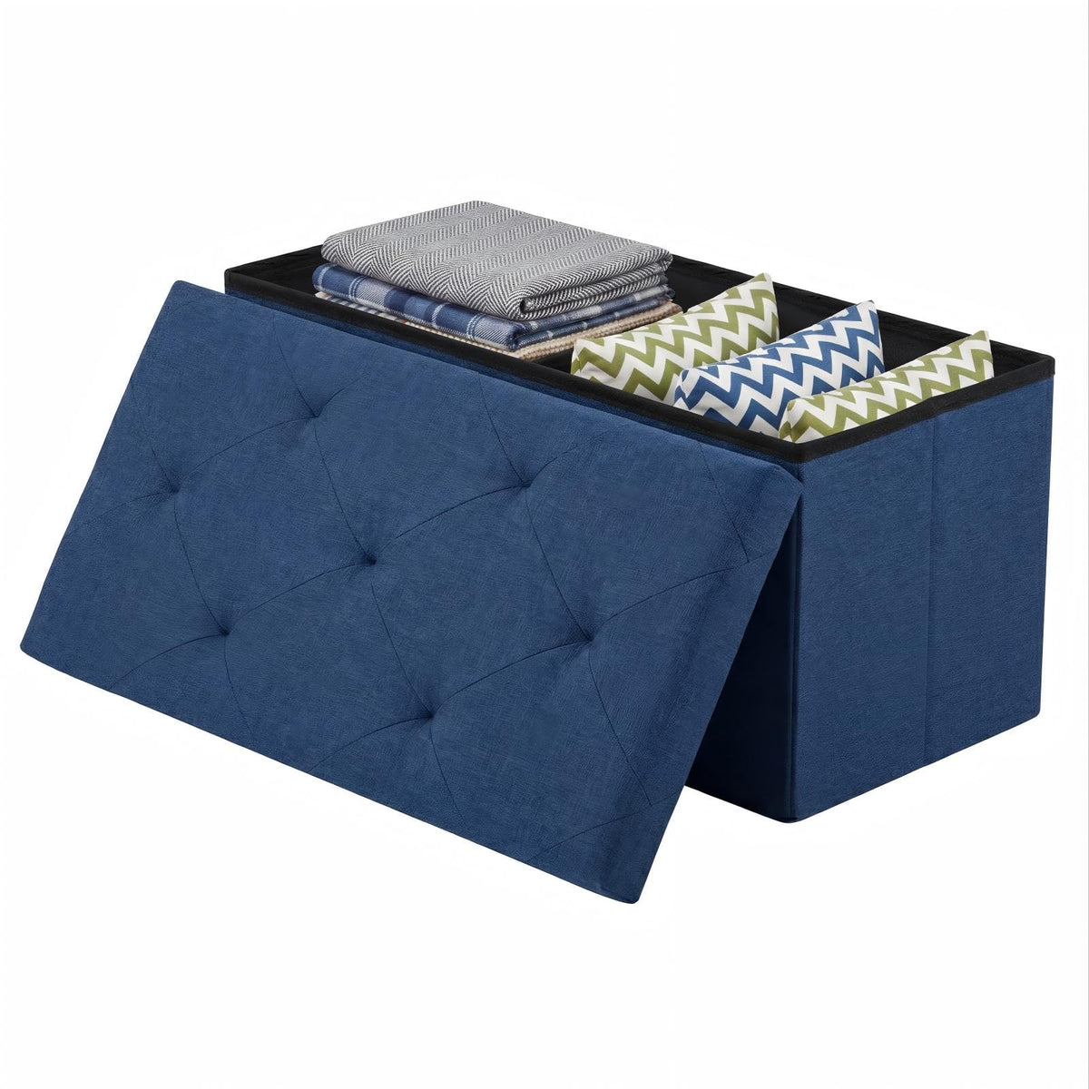 Blue Linen Storage Ottoman Bench, 30 Inch, 24 Gallon with Divider
