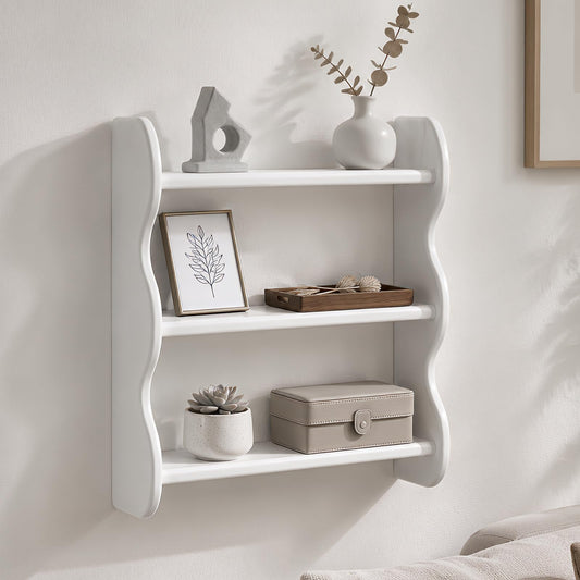 3 Tier Solid Wood Wall Shelf, 18.8 Inch, White Scalloped Design