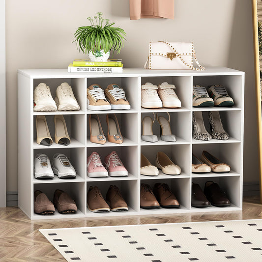 16 Cube Shoe Organizer, 4 Tier White Wood Cubby Rack