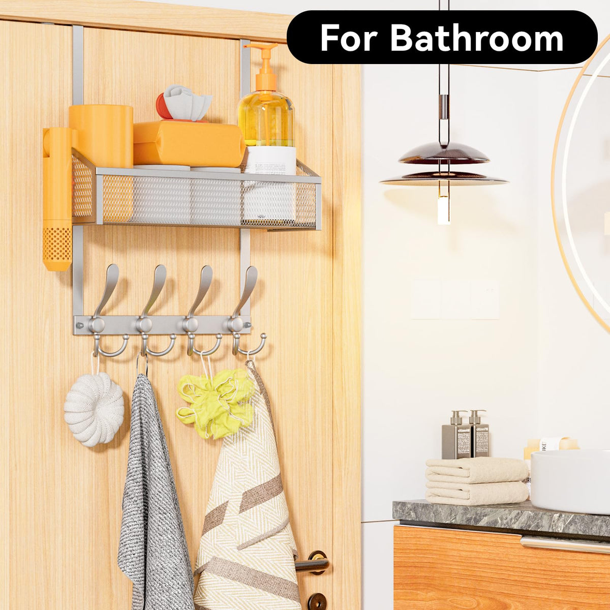 Over Door Storage Rack, 2 Tier, Silver Mesh Baskets and Coat Hooks