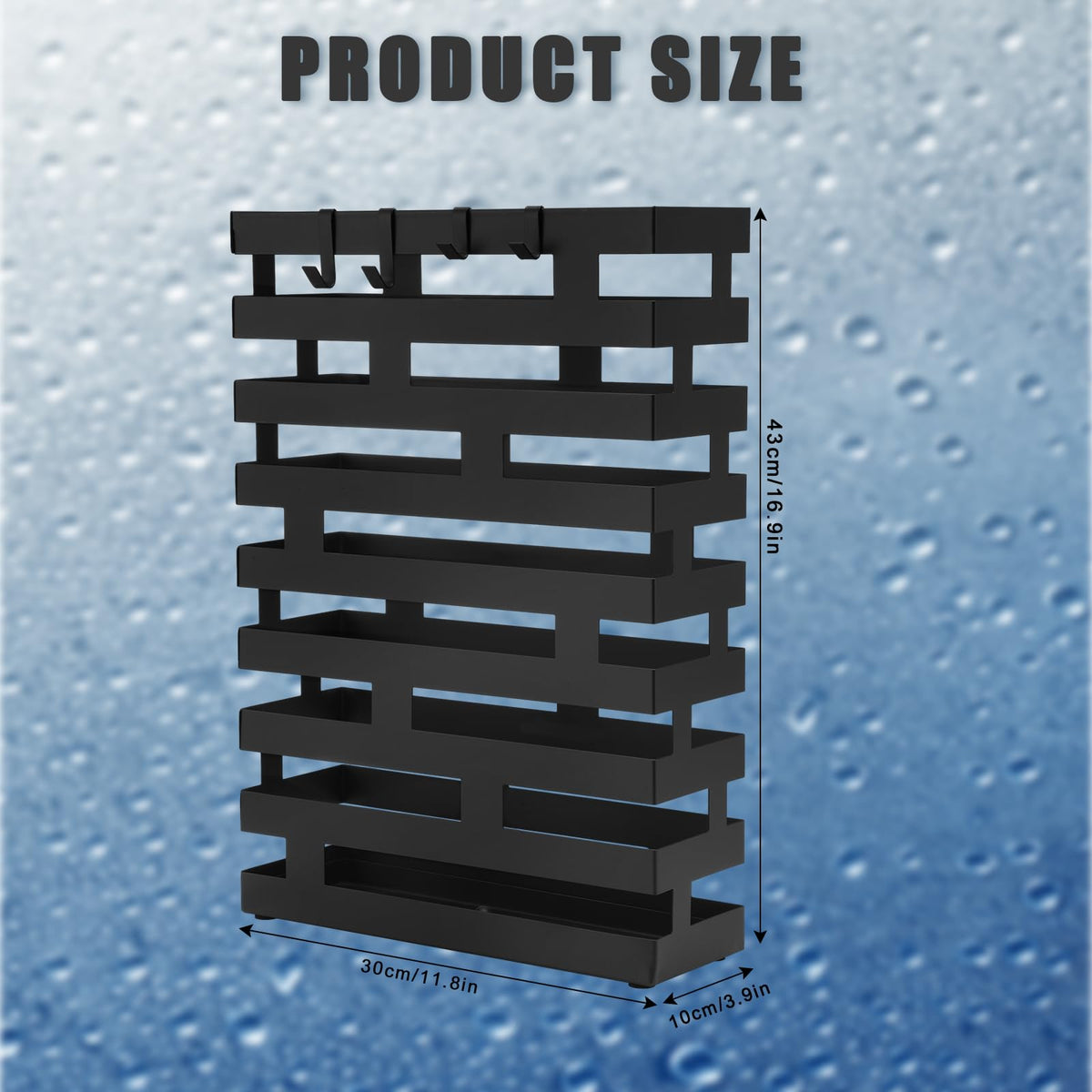 Rectangular Black Umbrella Holder, 16.93 Inch, with Hooks
