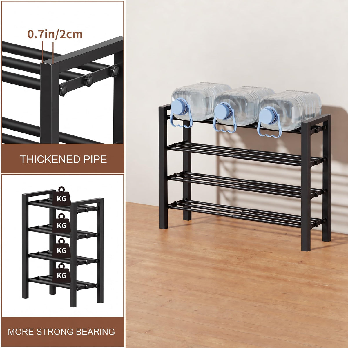 Slim Expandable Shoe Rack, Black Metal, Anti-Slip Round Bars