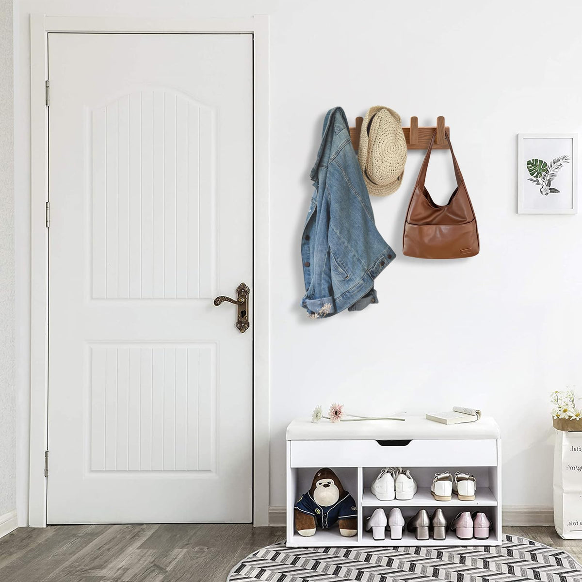 Natural Solid Wood Wall Coat Rack, 17 Inch Hole to Hole