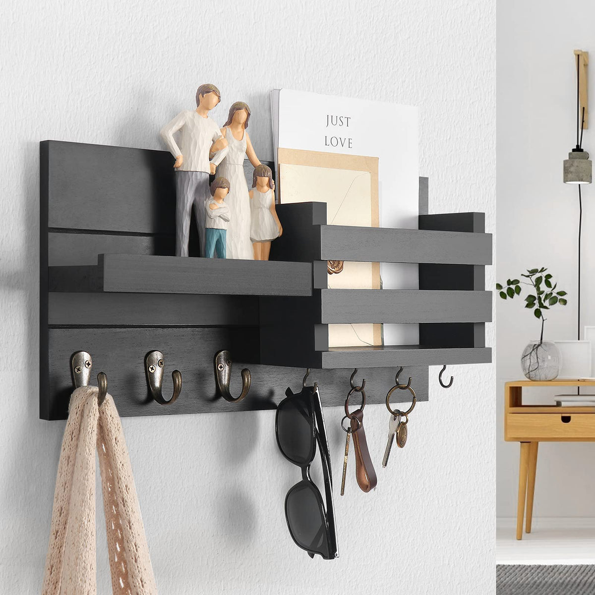 Wall Key and Mail Holder with Shelf, Black Rustic Wood, 3 Hooks