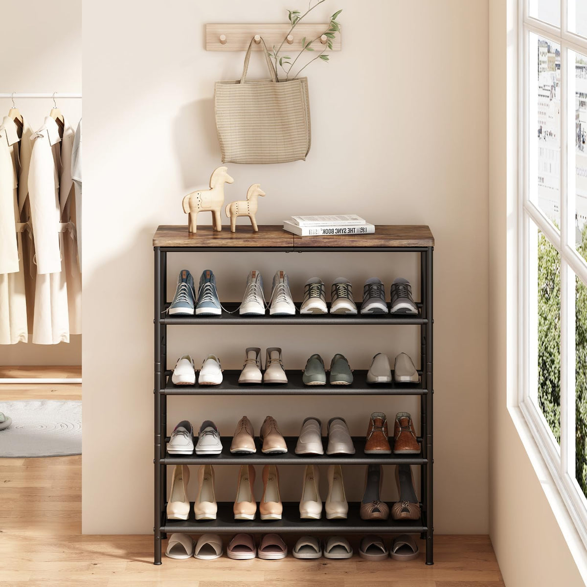 5 Tier Metal Shoe Rack with Wood Top, Black and Rustic Brown