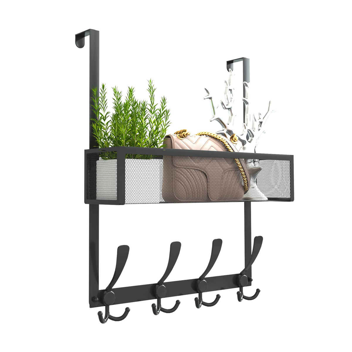 Black Over Door Towel Rack with Mesh Basket and 12 Hooks, 2 Tier