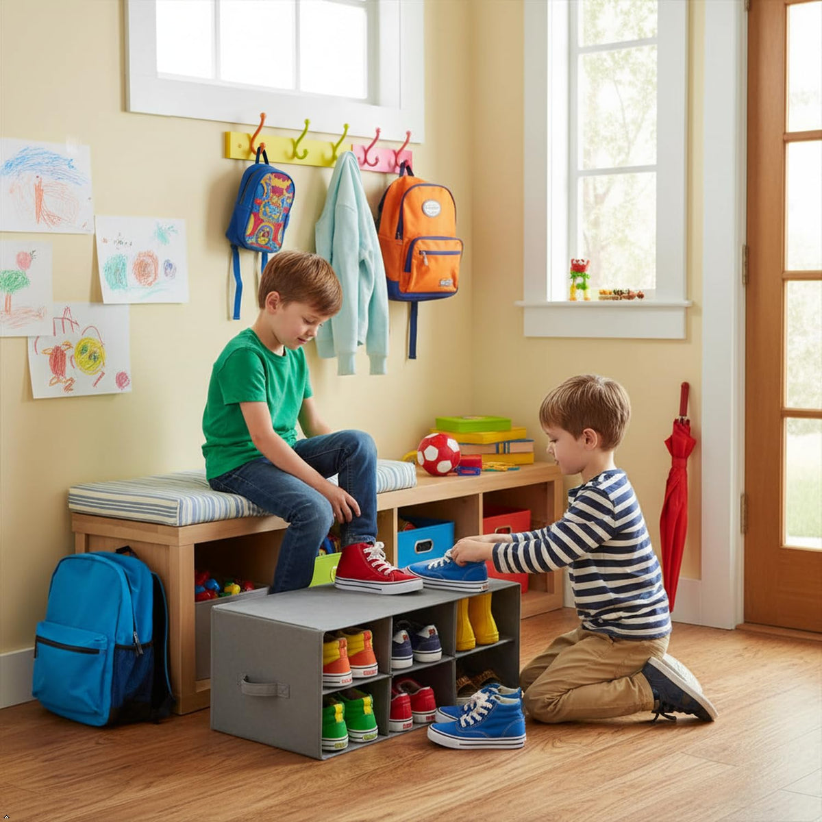 Foldable Gray Shoe Cubby Bin, 6 Sections, 2 Tier with Handles