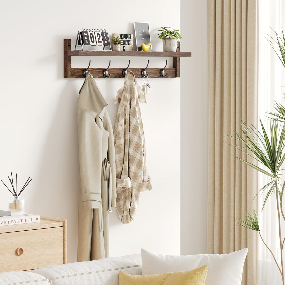 Wood Wall Shelf with 5 Dual Hooks, 28.9 Inch, Brown Coat Rack