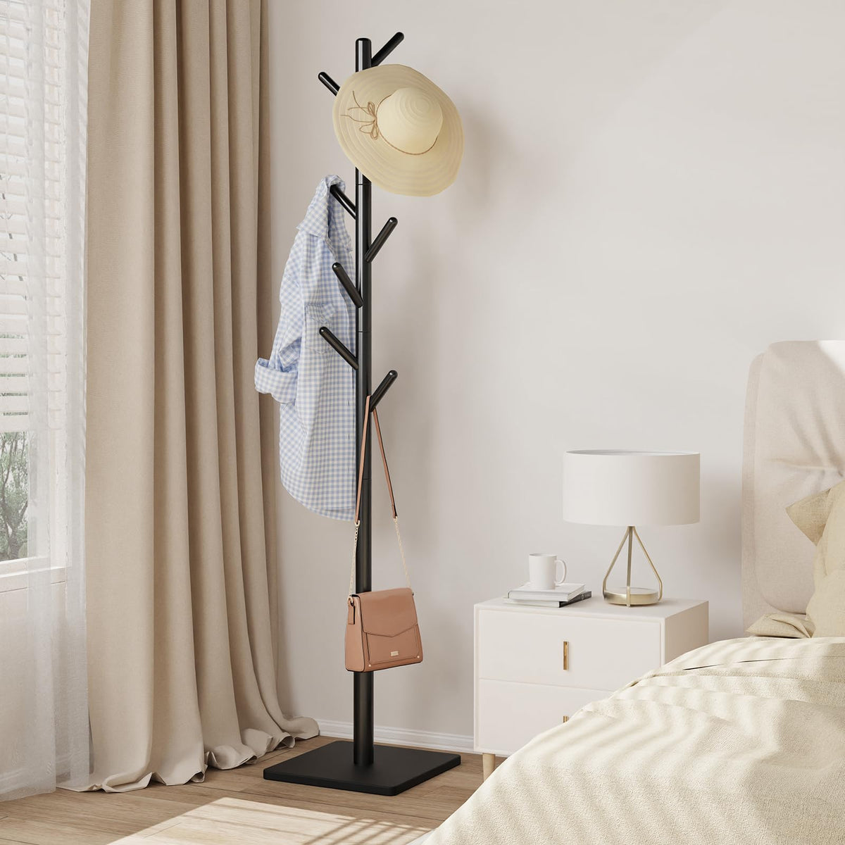 Solid Wood Coat Tree with 8 Staggered Hooks, 70.9 Inch, Black