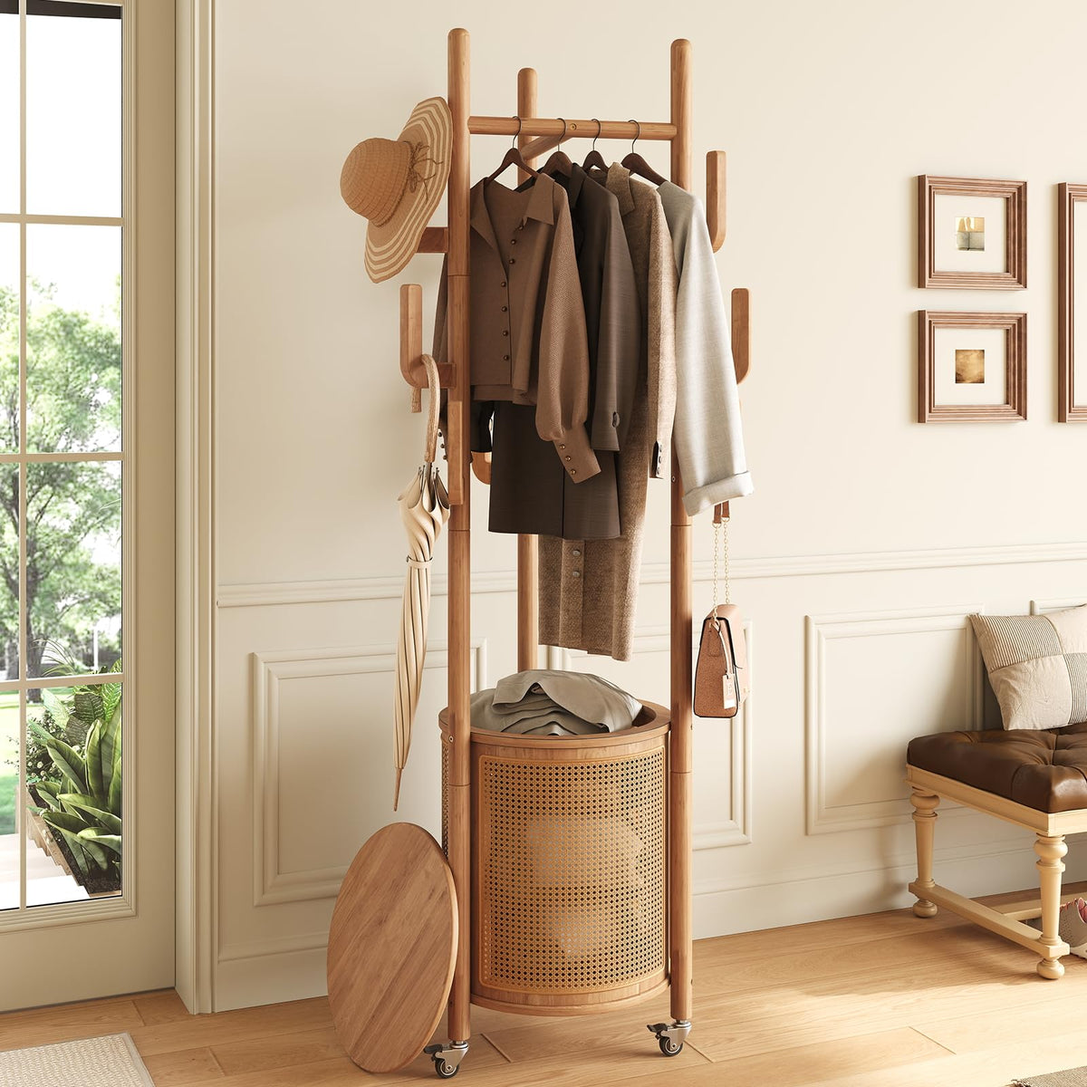 Rolling Rubberwood Coat Rack with Lidded Rattan Basket and 9 Hooks