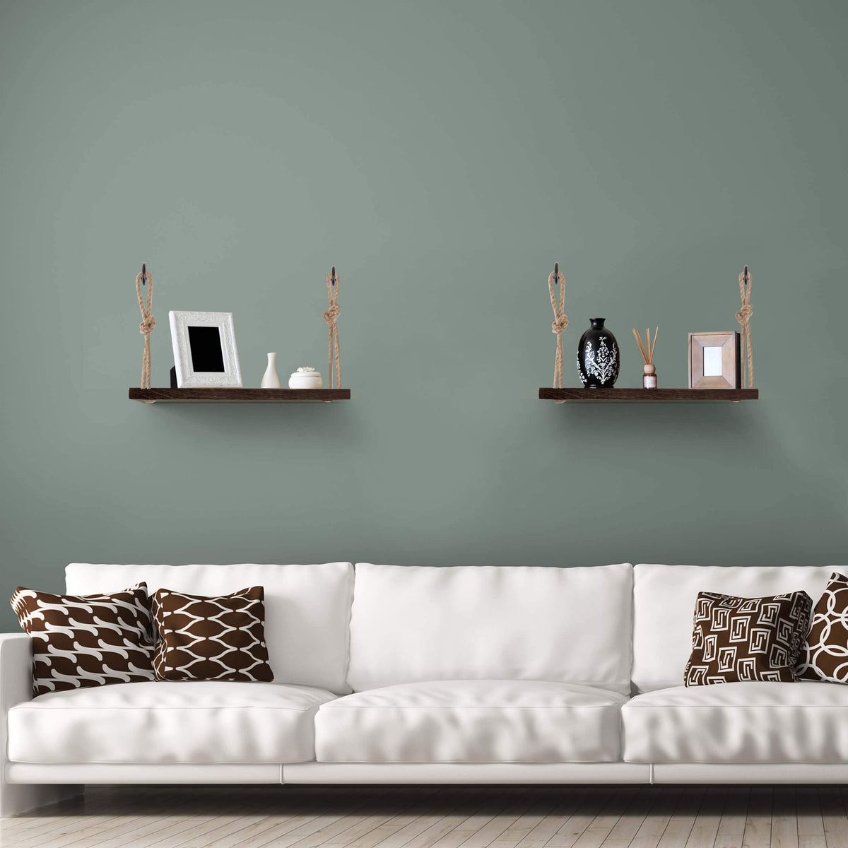 Rope Hanging Wood Shelves, 2 Pack, 16.5 Inch, Dark Brown with Hooks