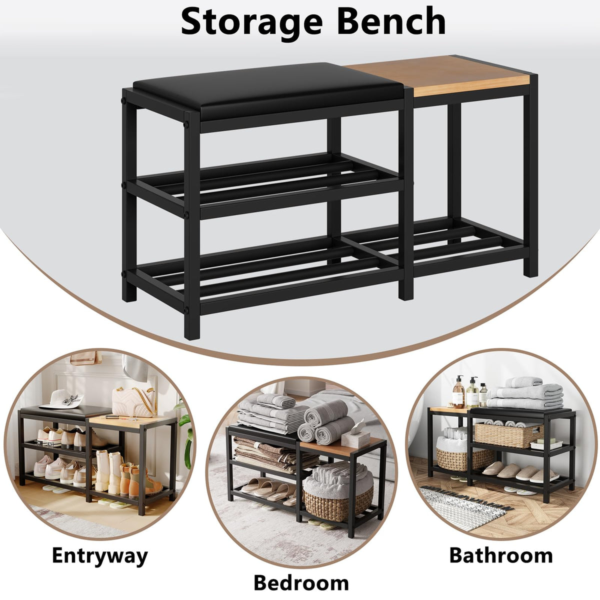 Metal Shoe Bench with Cushion and Boot Rack, 30.7 Inch, Black
