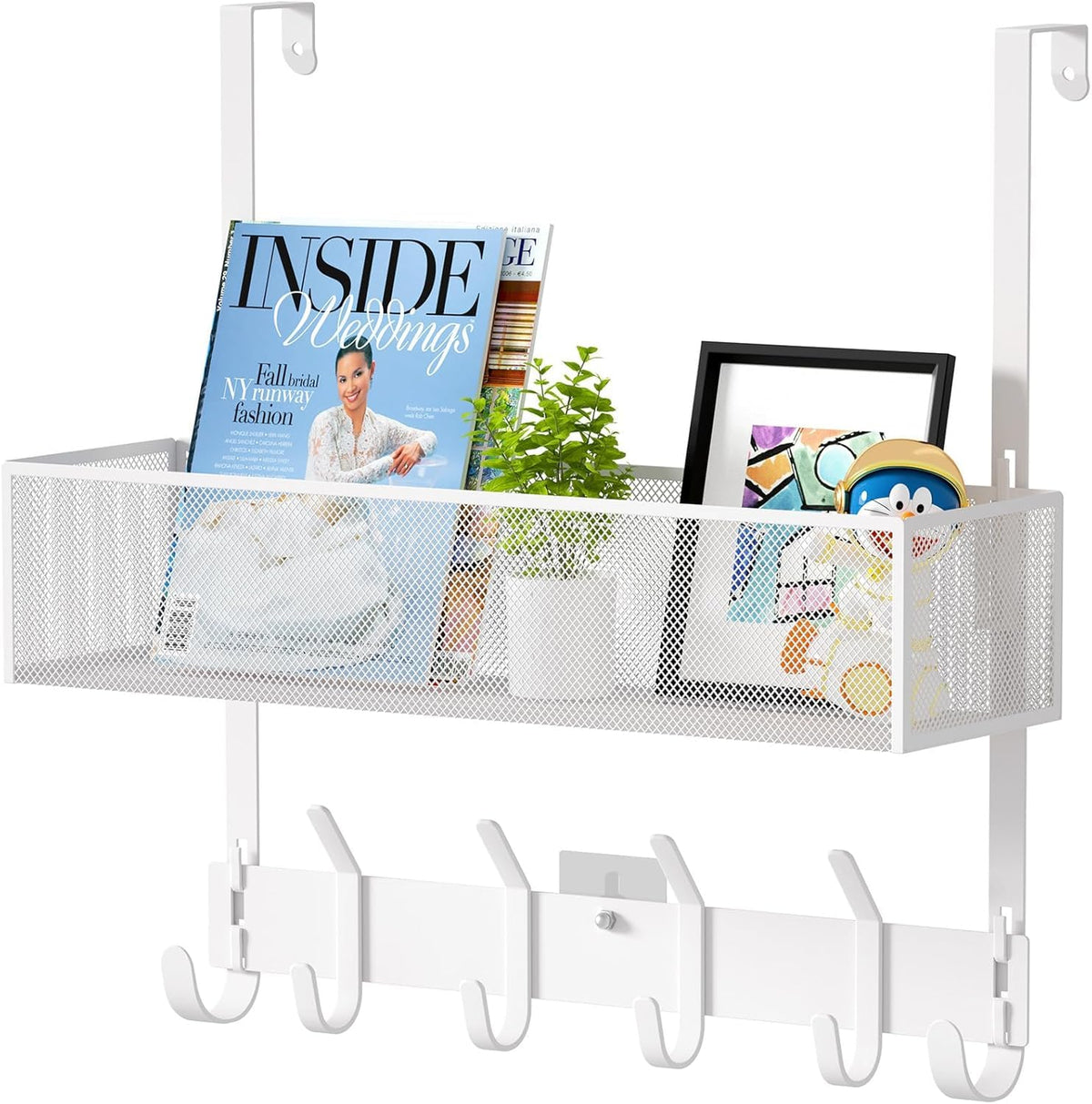 White Over the Door Hook Rack with Mesh Basket and Wreath Hangers