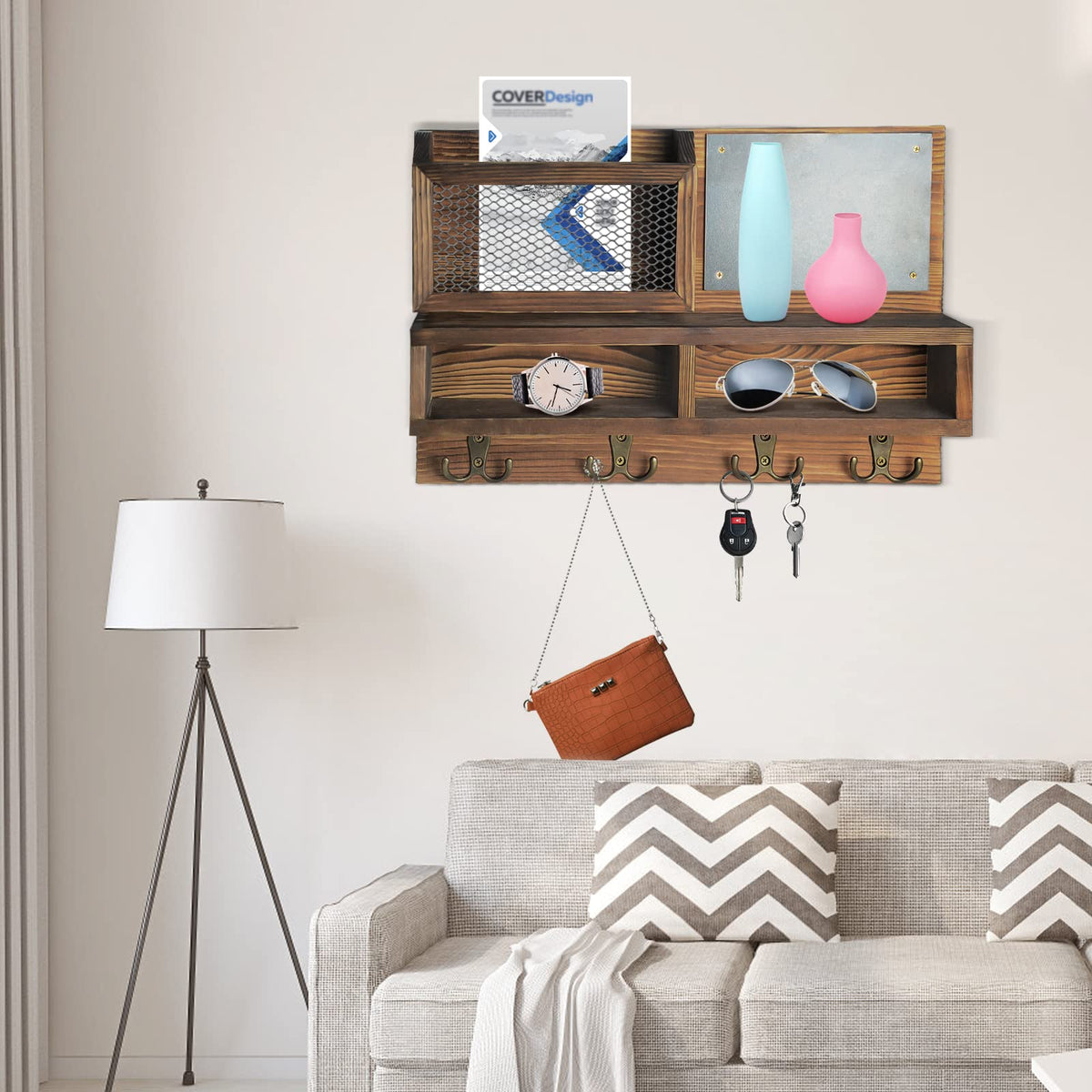 Pine Wall Key and Mail Organizer with Chalkboard and 4 Double Hooks