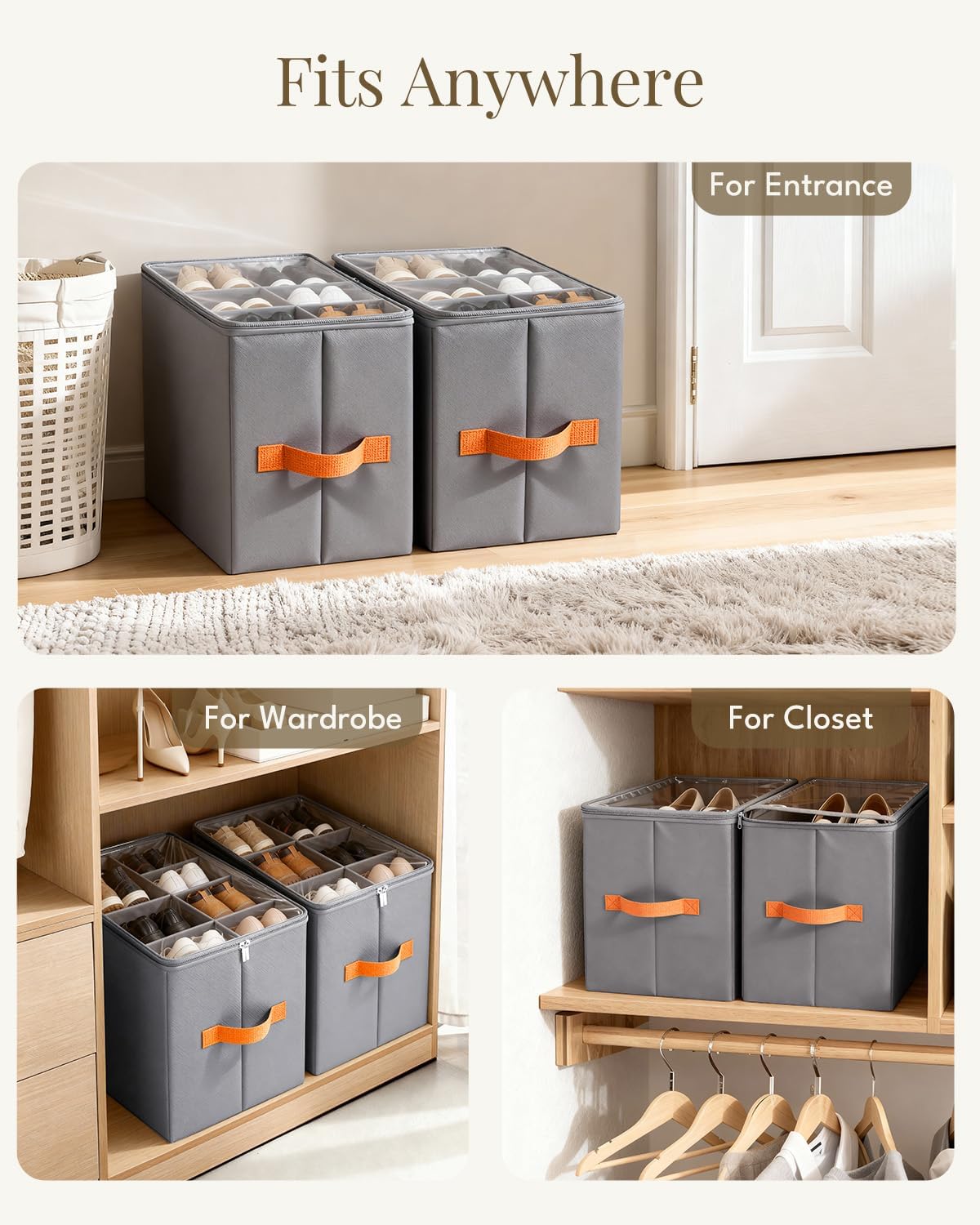 Shoe Storage Bins with Charcoal Lining, 2 Pack, Holds 16 Pairs, Grey