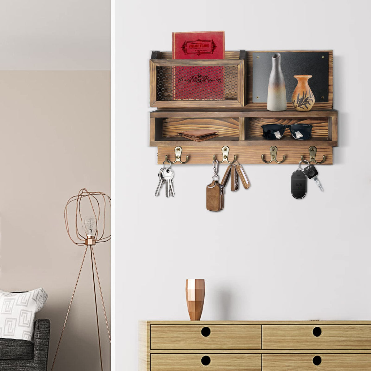 Pine Wall Key and Mail Organizer with Chalkboard and 4 Double Hooks