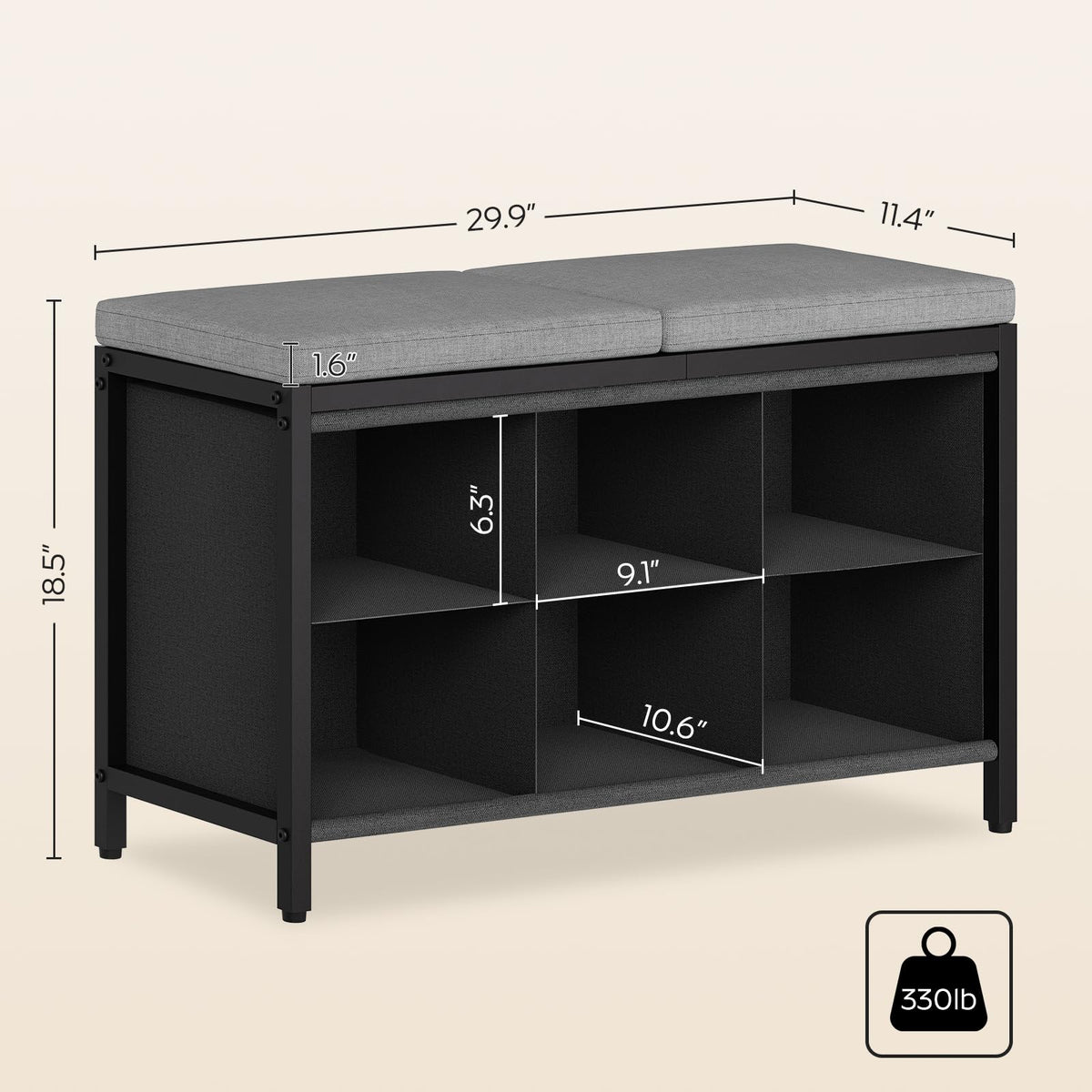 Metal Shoe Bench with 6 Fabric Cubbies and Padded Seat, Black and Gray