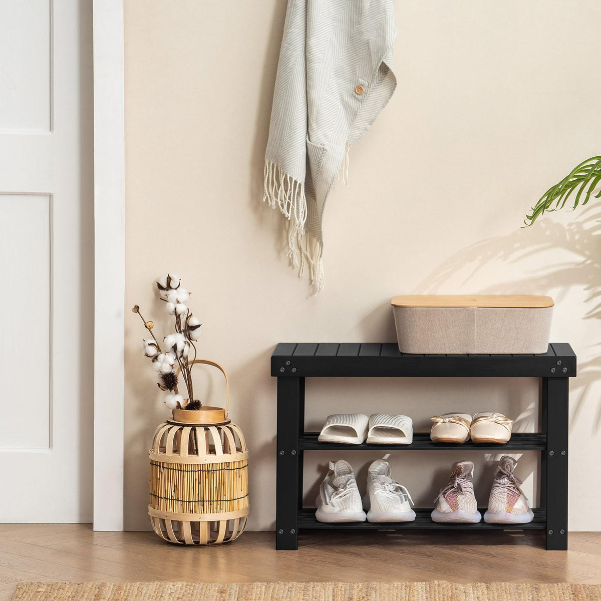 Bamboo Shoe Bench, 3 Tier Entryway Shoe Rack, 27.6 Inch, Black