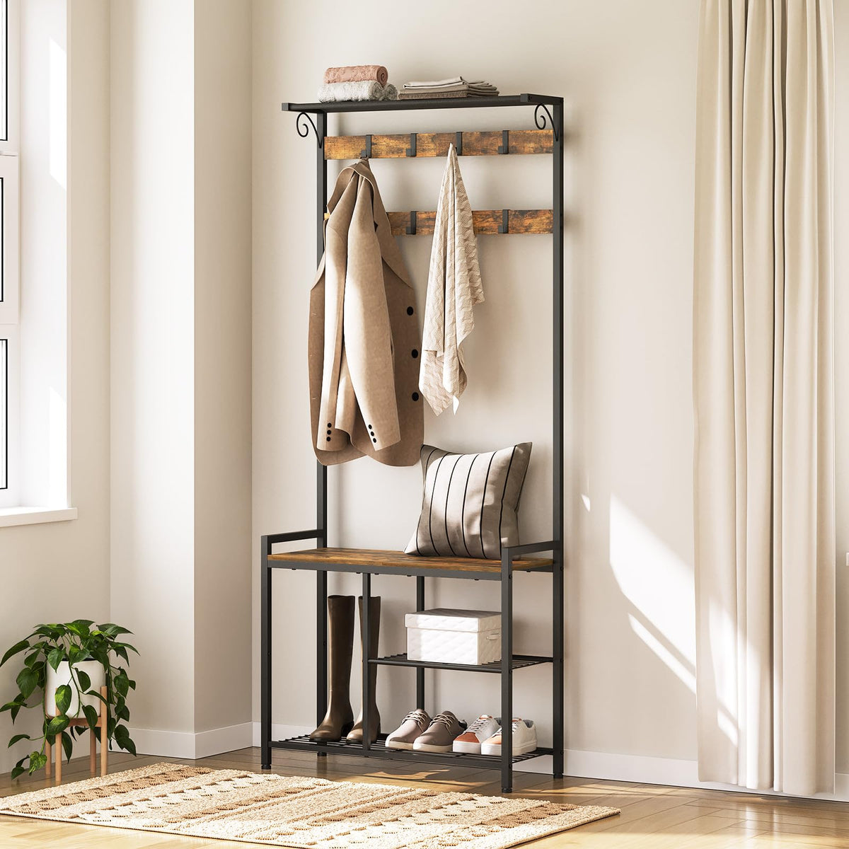 4-in-1 Hall Tree with Shoe Bench, 8 Movable Hooks and Hanging Rod, Rustic Brown