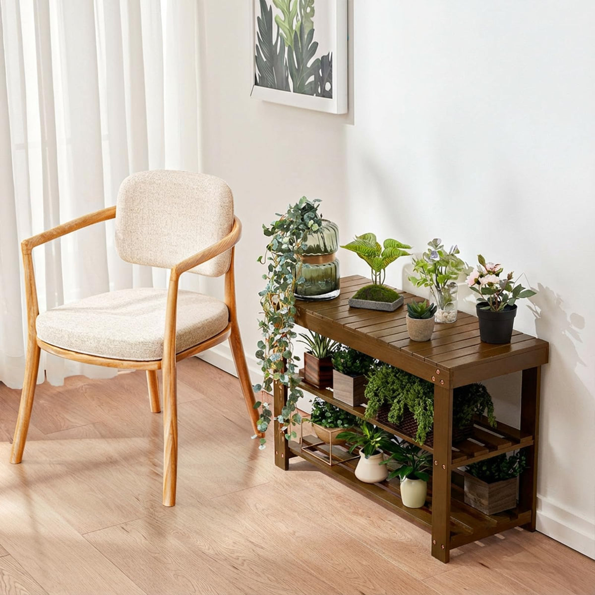Bamboo Shoe Rack Bench, 3 Tier, Yellow Brown, 27.5 Inch Wide