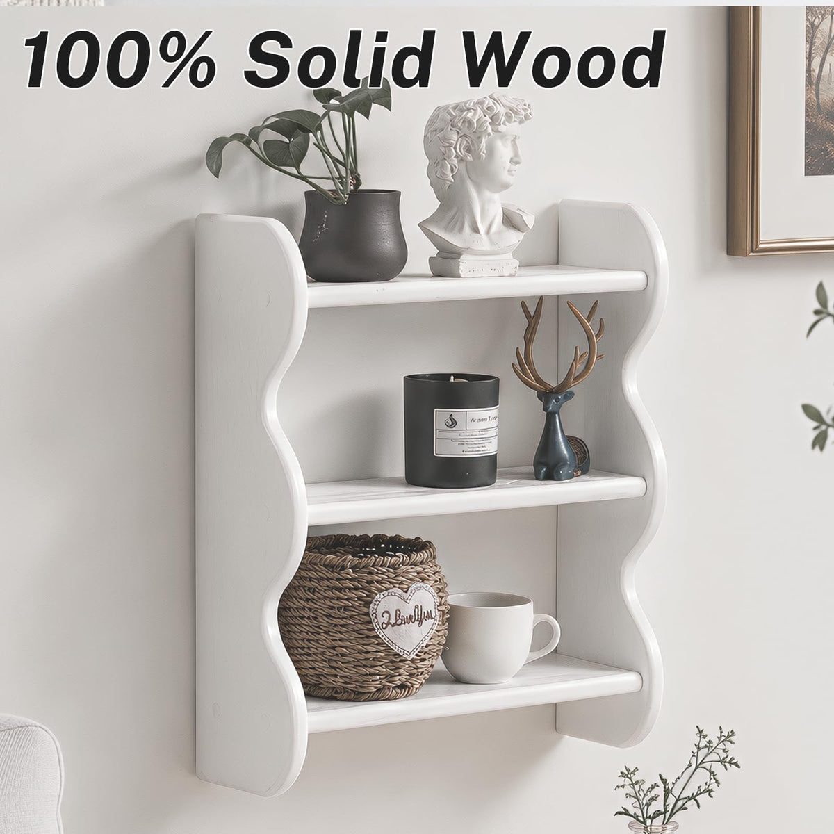3 Tier Solid Wood Wall Shelf, 18.8 Inch, White Scalloped Design