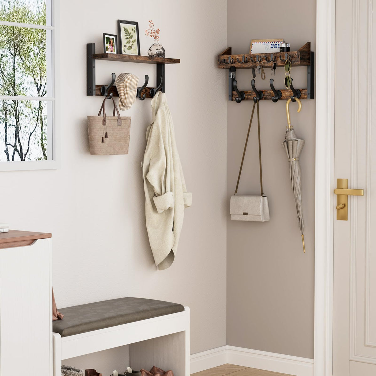 35 Inch Wall Coat Rack with Shelf, 7 Coat Hooks and 4 Key Hooks, Rustic
