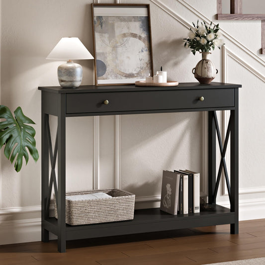 Black Narrow Console Table with Drawer and Bottom Shelf, 40 Inch