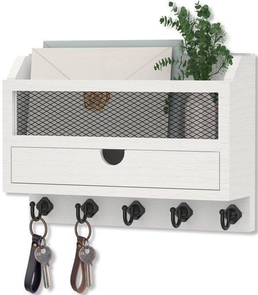 White Key and Mail Organizer with Drawer, 5 Hooks, Wall Mount