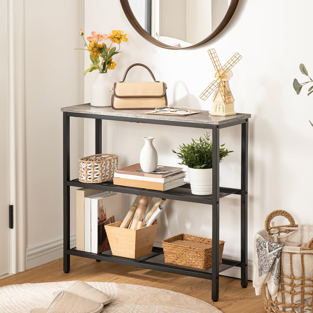 Thin 3 Tier Console Table, 29.5 Inch, Greige Top with Mesh Shelves