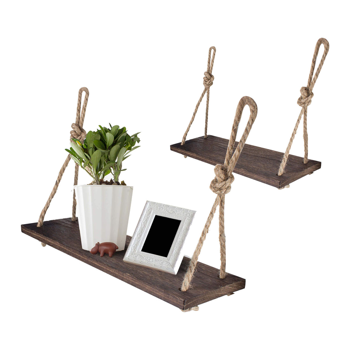 Rope Hanging Wood Shelves, 2 Pack, 16.5 Inch, Dark Brown with Hooks