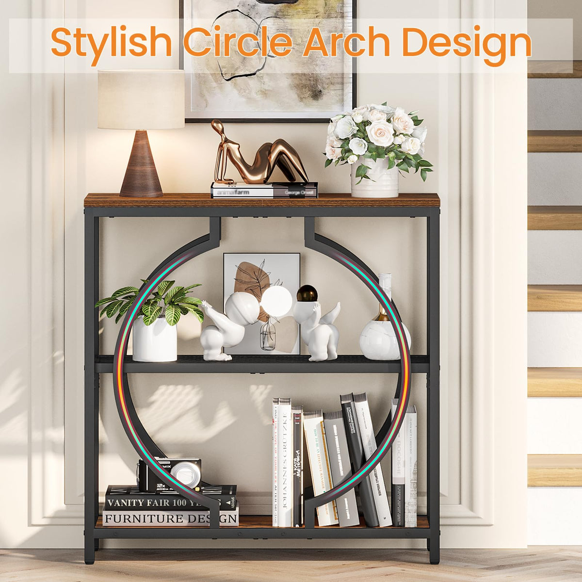 Round Frame Entryway Table with 3 Shelves, 29.5 Inch, Rustic Brown