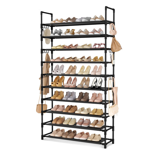 10 Tier Wide Shoe Rack with Side Hooks, 34 Inch, Black, Up to 50 Pairs