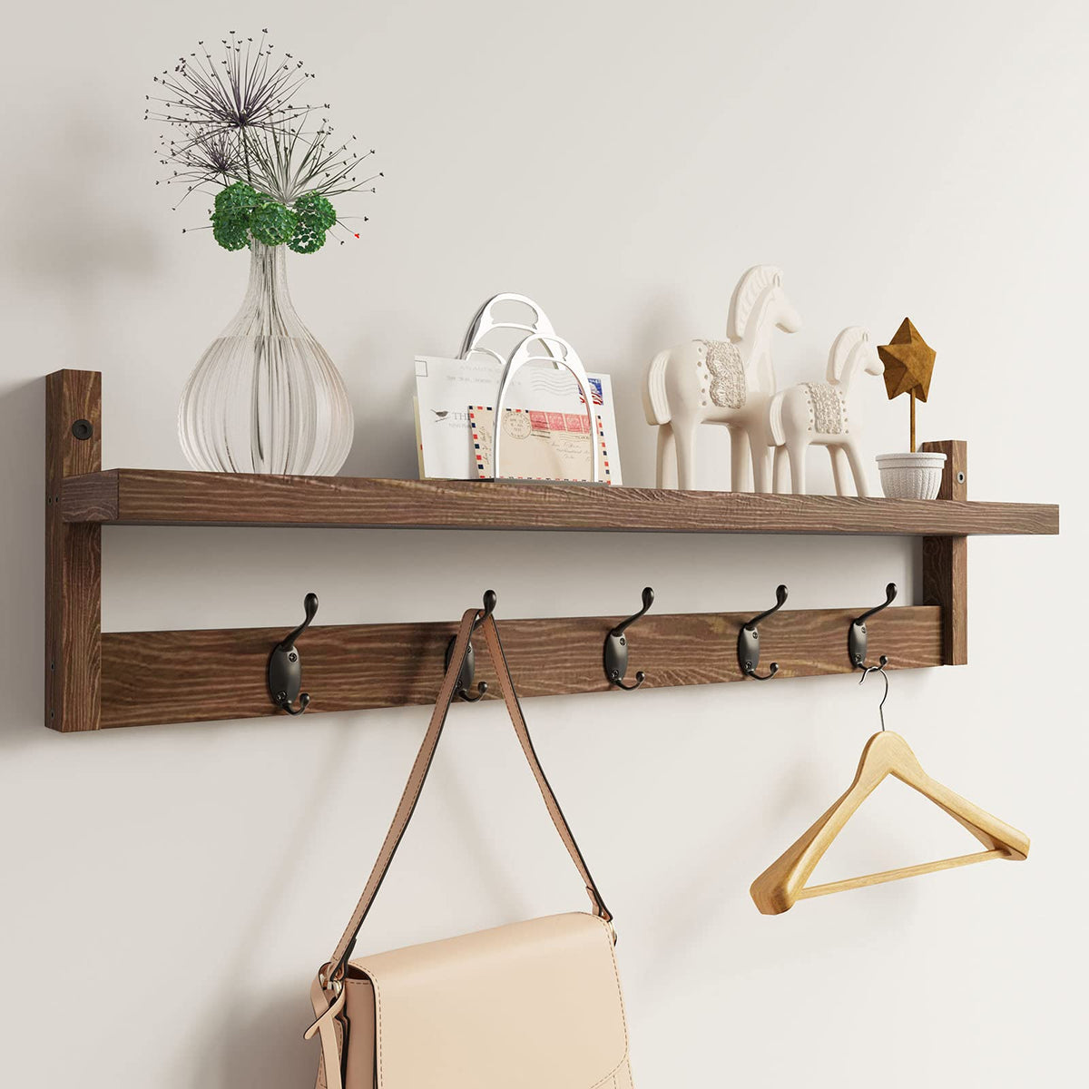 Wood Wall Shelf with 5 Dual Hooks, 28.9 Inch, Brown Coat Rack