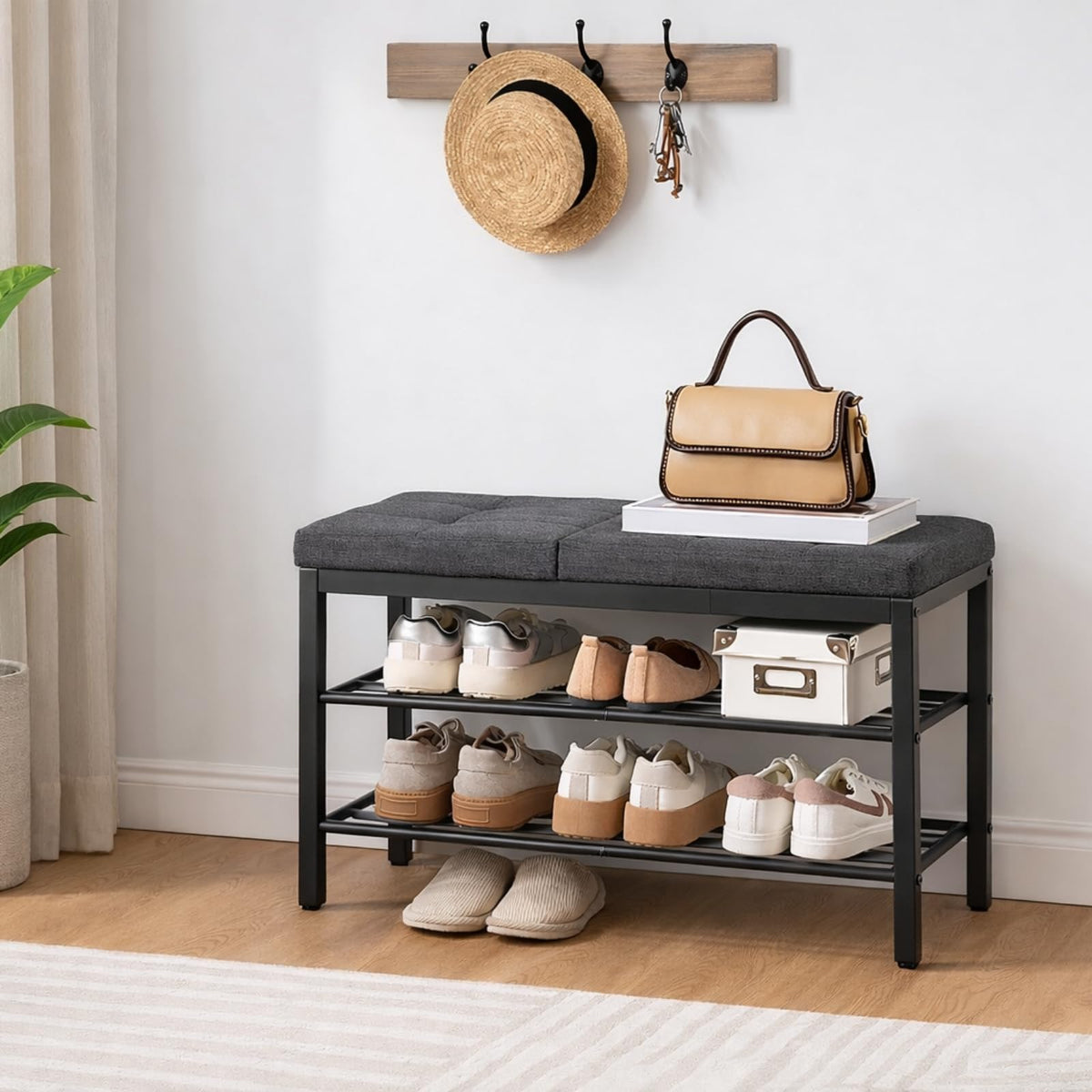 Cushioned Shoe Bench, 29.5 Inch Entryway Seat with Shoe Shelf, Dark Gray