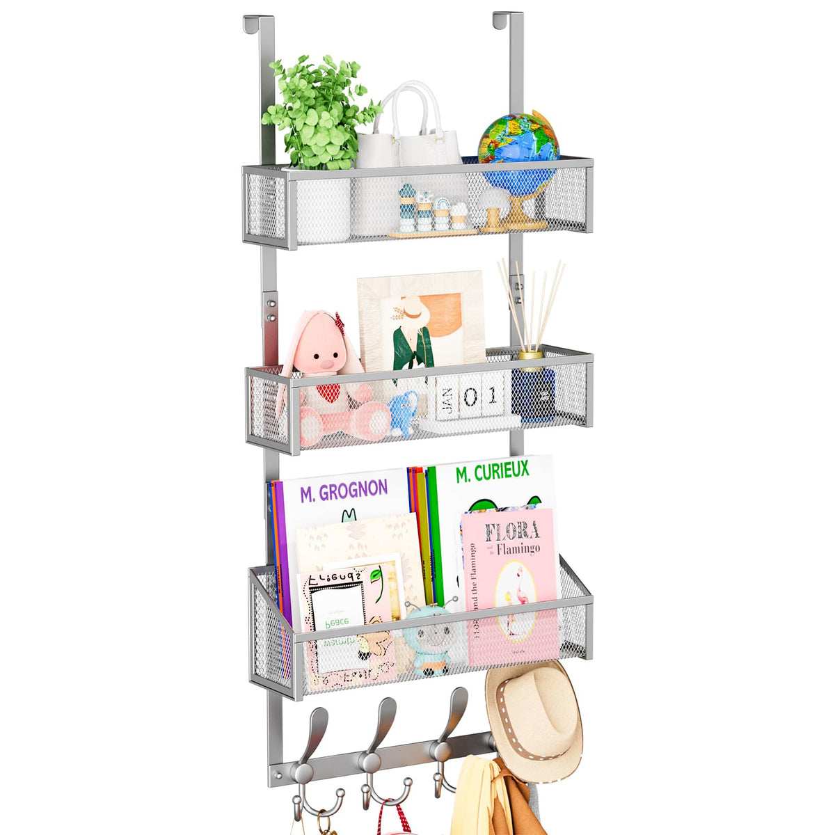 Silver 4 Tier Over the Door Organizer with Hooks and Mesh Baskets