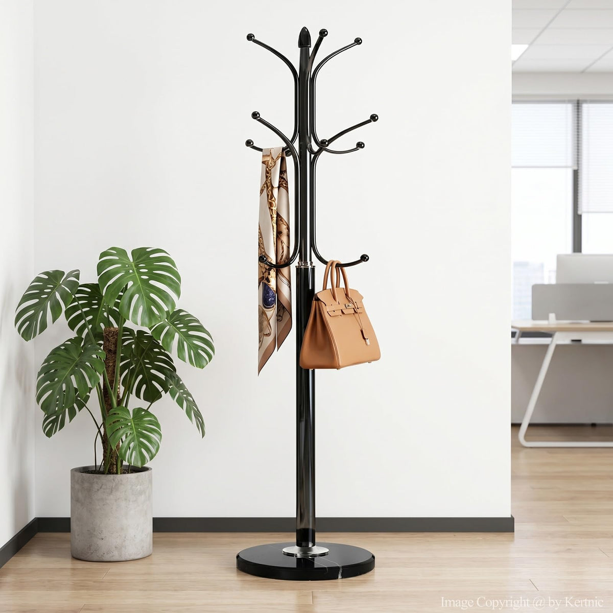 Freestanding Coat Rack with 12 Hooks, 70 Inch, Marble Base, Black