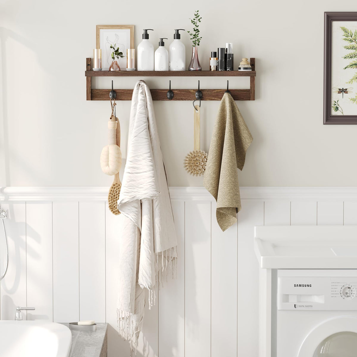 Wood Wall Shelf with 5 Dual Hooks, 28.9 Inch, Brown Coat Rack