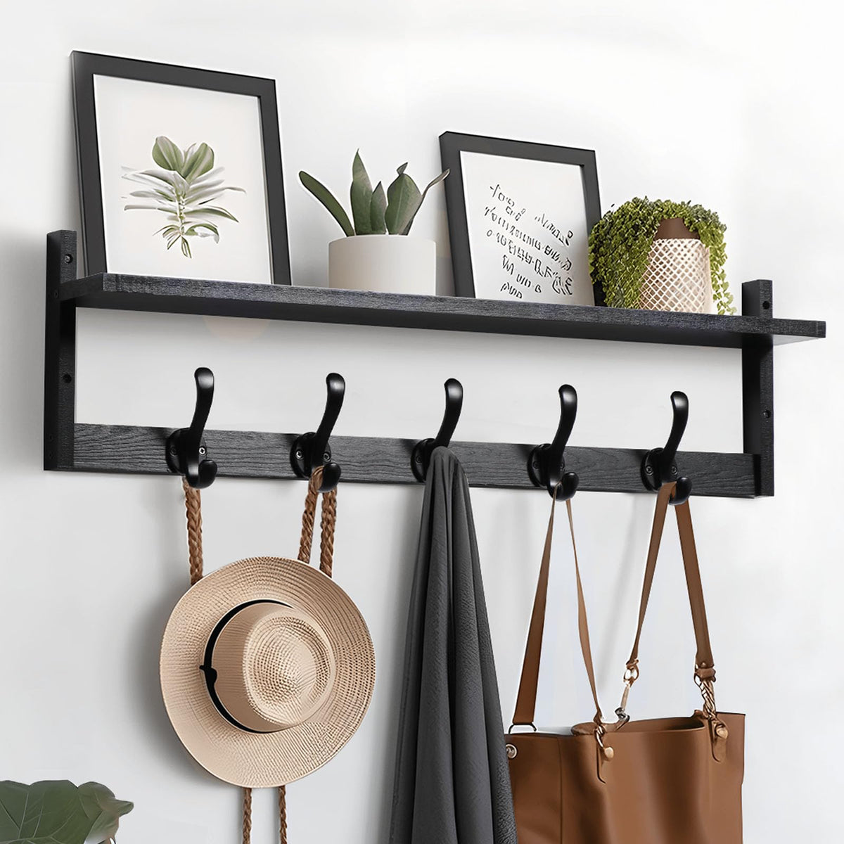Black Wood Entryway Shelf with 5 Hooks, 29 Inch