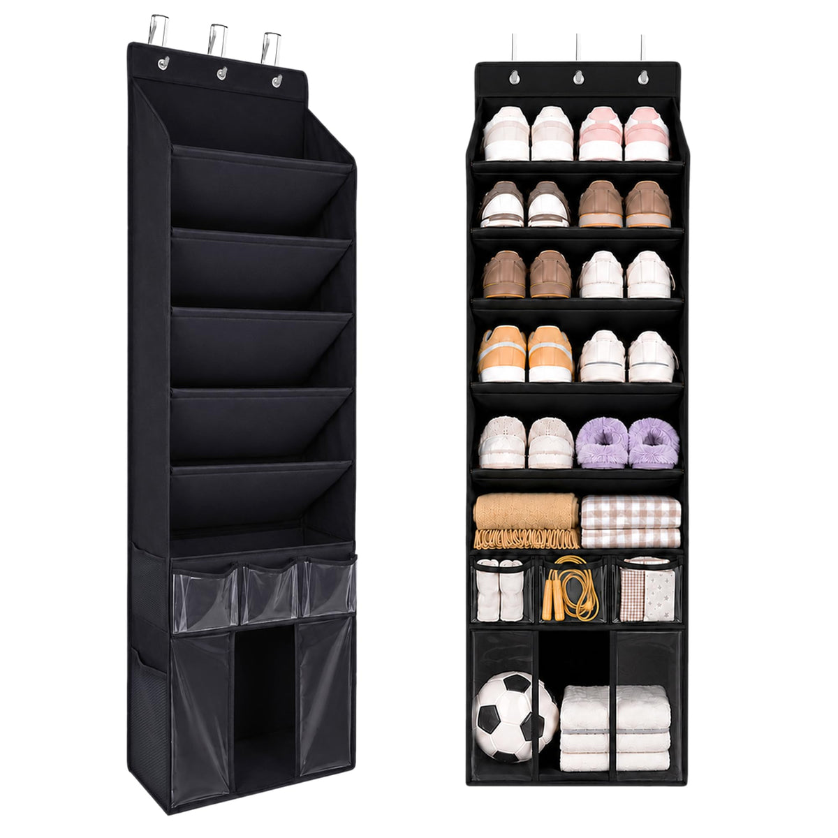 Over the Door Shoe Organizer, 5 Slanted Compartments, Black Fabric