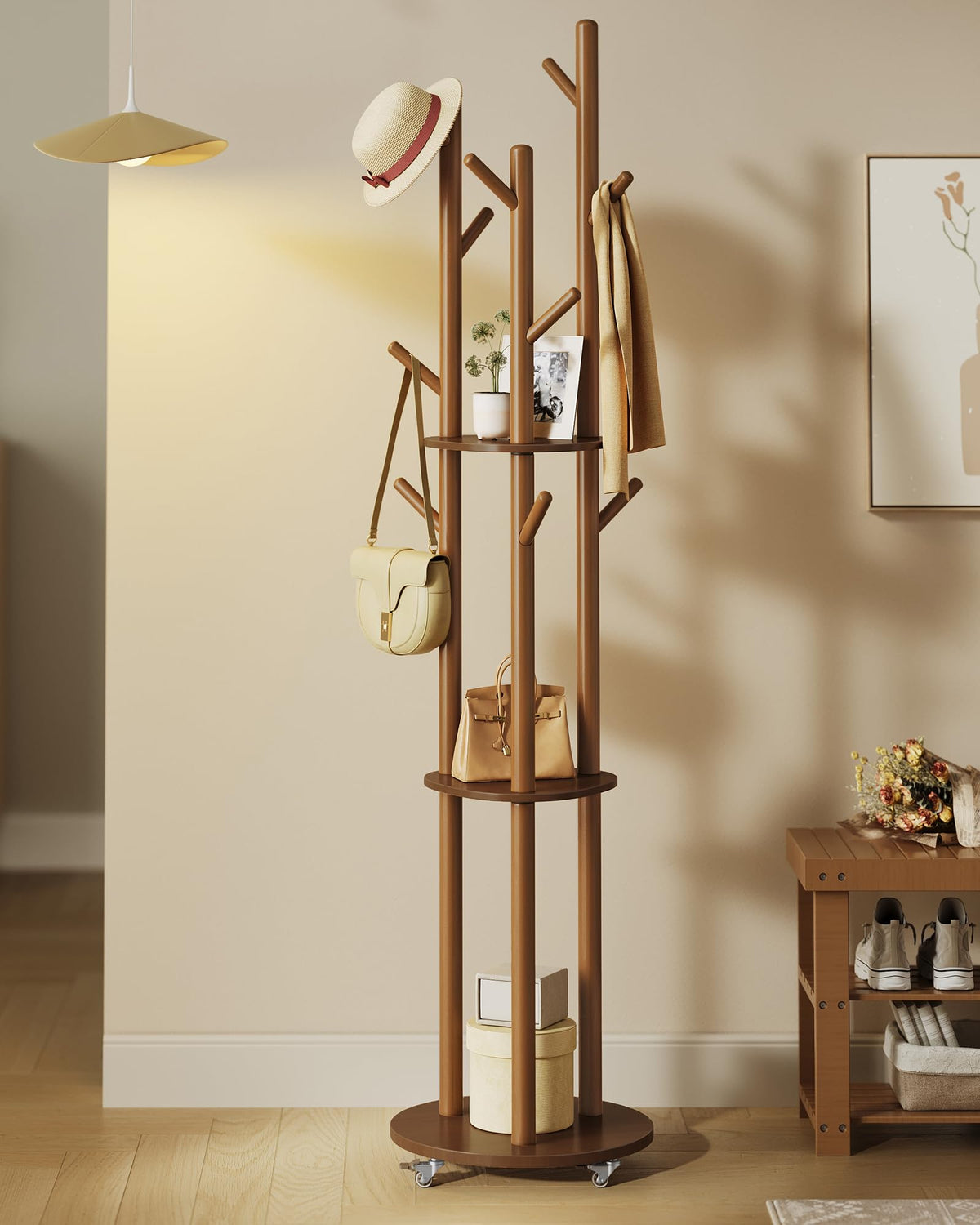 Coat Rack Stand with 11 Hooks, 3 Shelves and Removable Wheels, Walnut