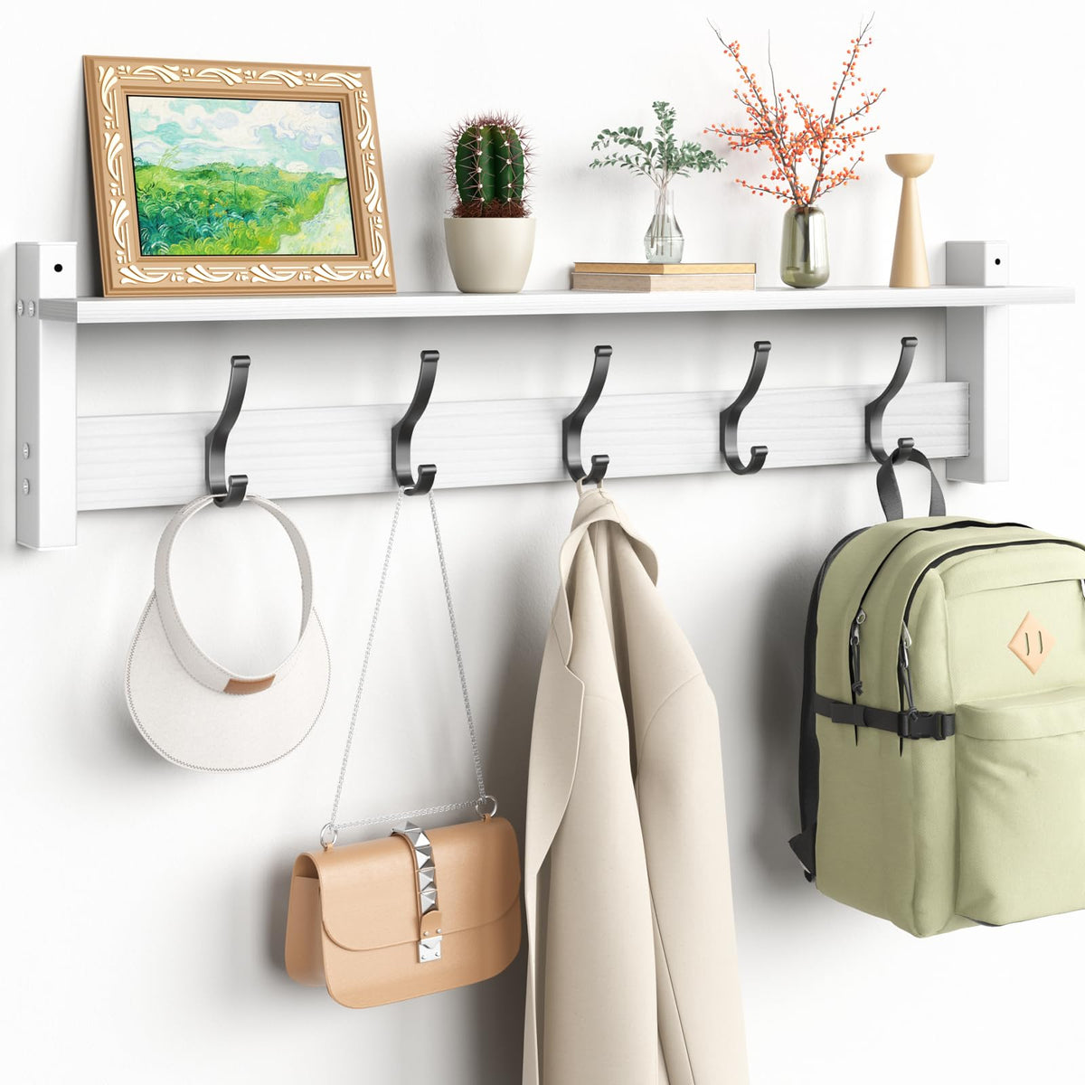 White Wall Hook Rack with Shelf, 29 Inch, 5 Coat Hooks