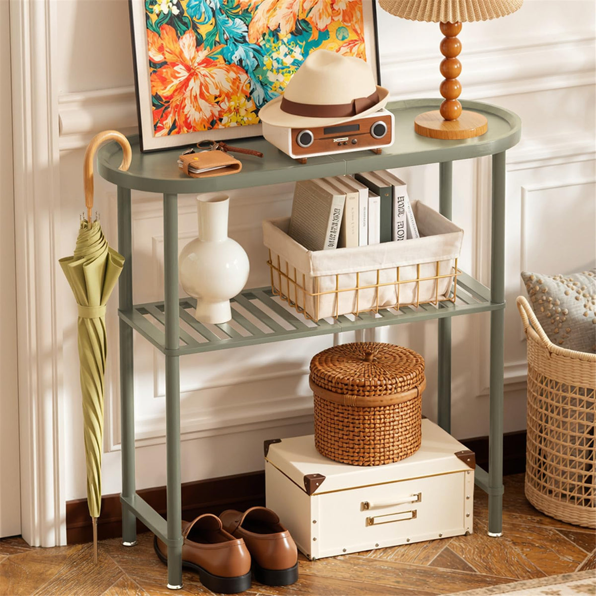 Green Bamboo Console Table, 30.7 Inch 2 Tier with Raised Edge Top