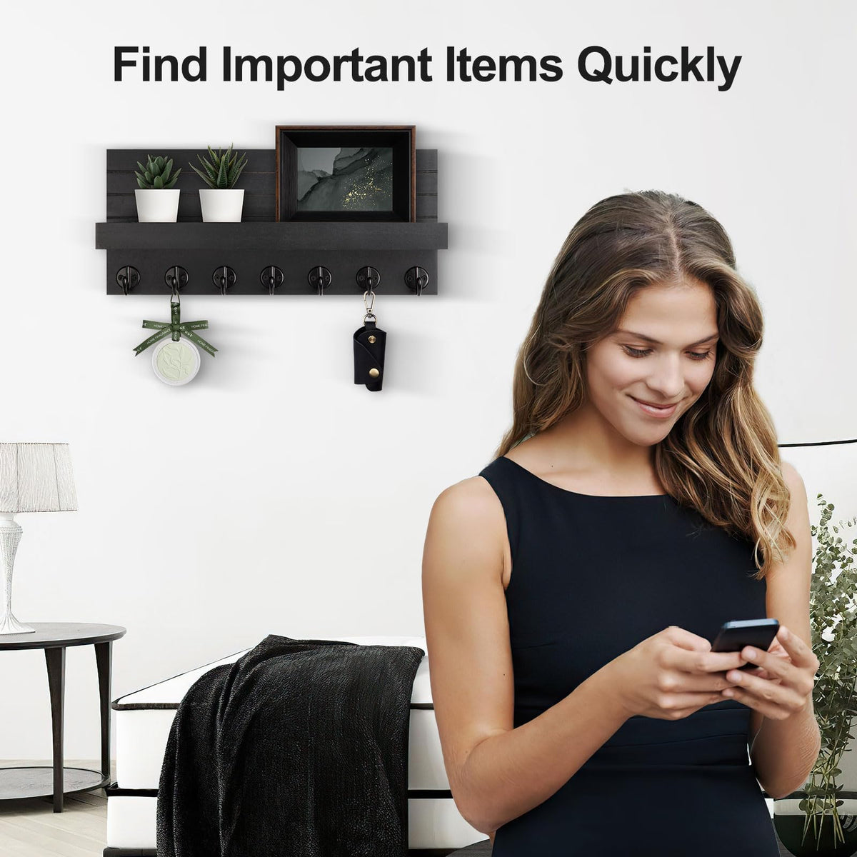 Wood Key Holder Shelf with 7 Hooks, 15 Inch Wall Organizer, Black
