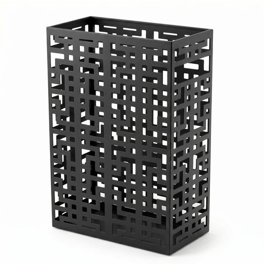 Square Metal Umbrella Stand with Hollow Pattern, Holds 6-7, Black